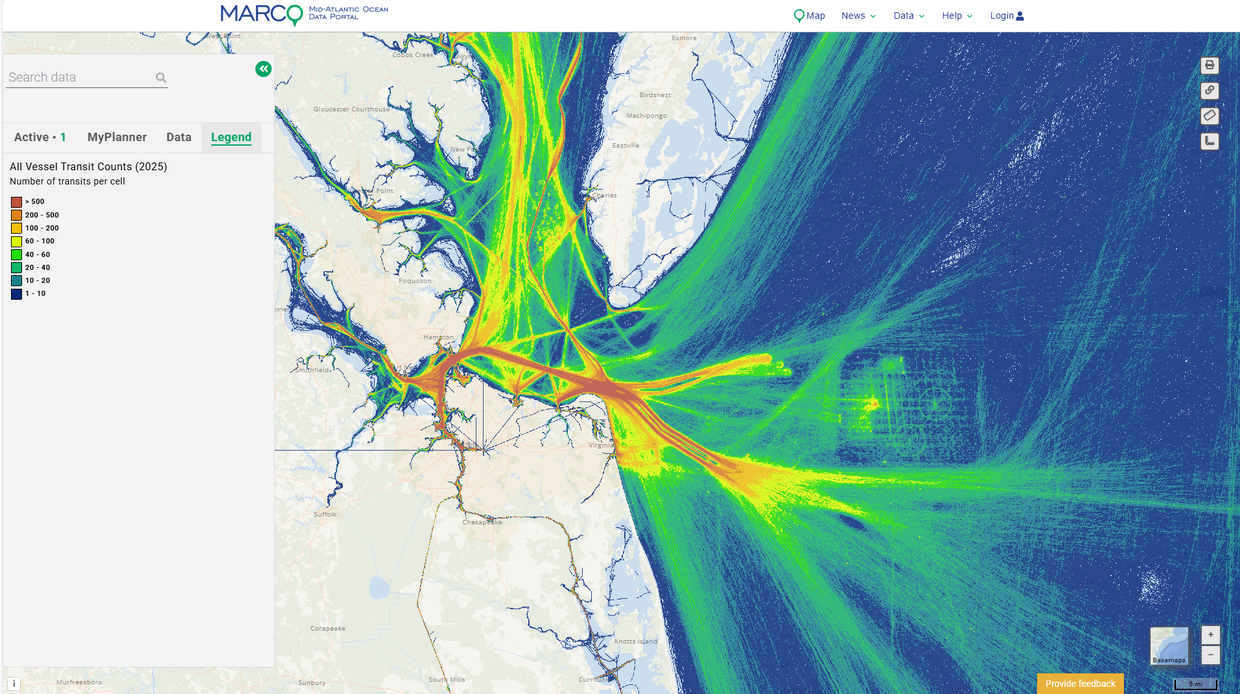 A map showing vessel traffic patterns in the vicinity of the Chesapeake Bay approaches.