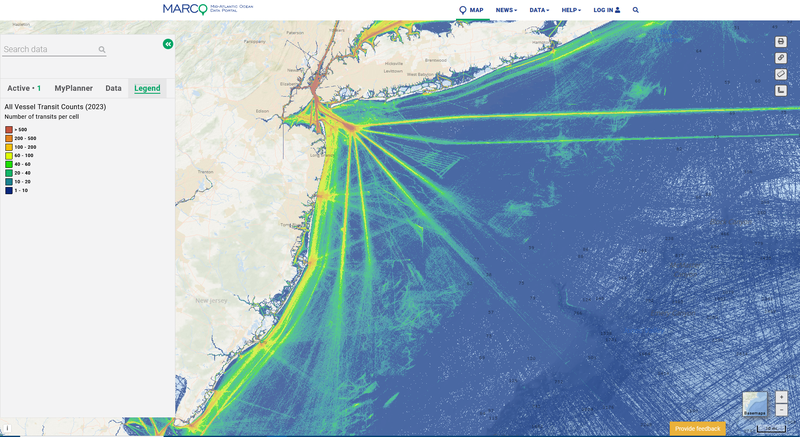 A map showing vessel traffic patterns off the Mid-Atlantic coast in 2023.