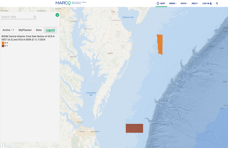 A map showing the Central Atlantic lease sale areas.