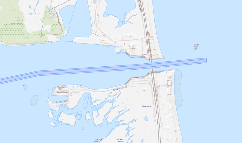 A map view of the navigational channels at Indian River Inlet in Delaware