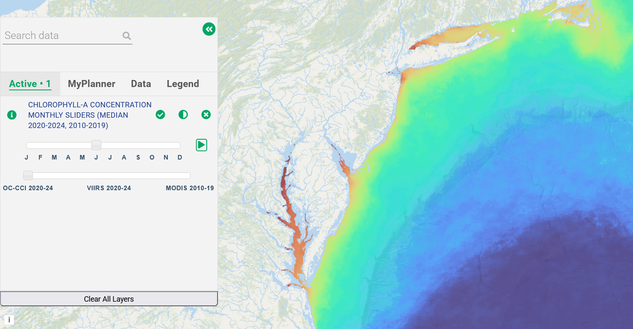A map showing where high concentrations of chlorophyll-a can be found throughout the Mid-Atlantic.