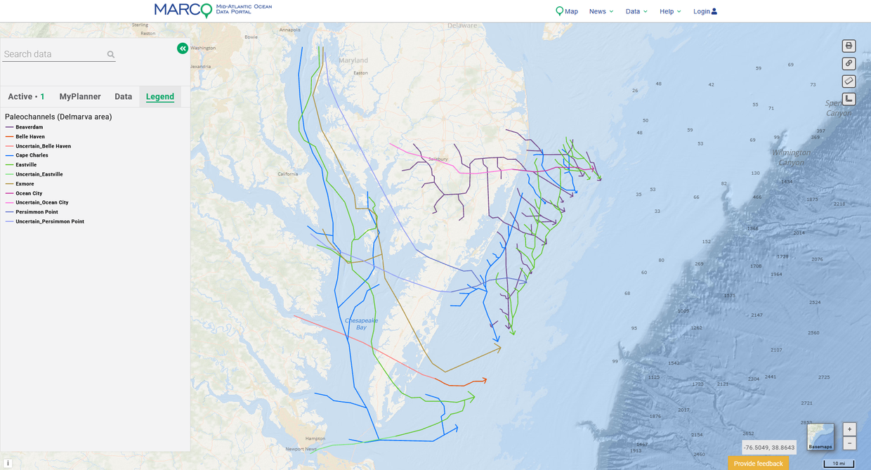A map showing the routes of paleochannels in the Delmarva peninsula vicinity.