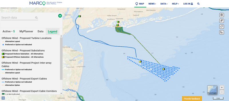 Map showing the locations of proposed offshore wind cables, turbines and substations off the New York coast.
