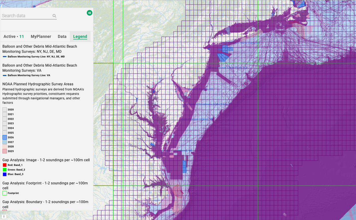 A map showing a combination of 11 data layers showing where NOAA has conducted or plans to conduct underwater sensing, as well as where MARCO has tracked balloon litter findings on Mid-Atlantic beaches.