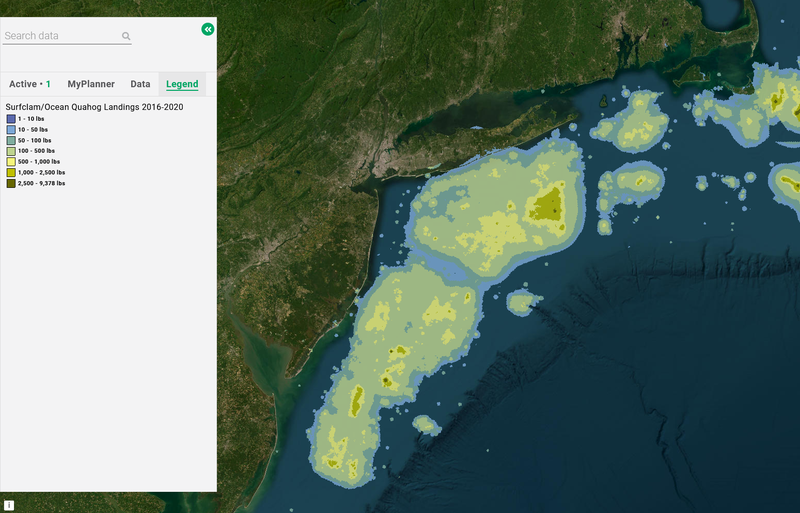 A map showing surfclam/ocean quahog landings from 2016-20.