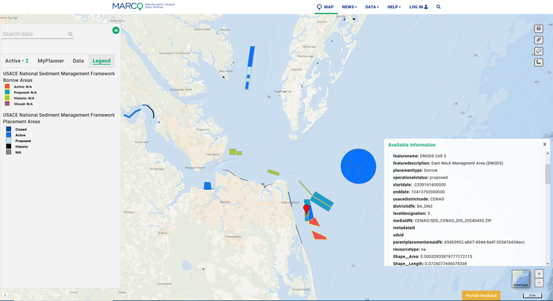 A map showing USACE borrow and placement areas in the Virginia Beach area.